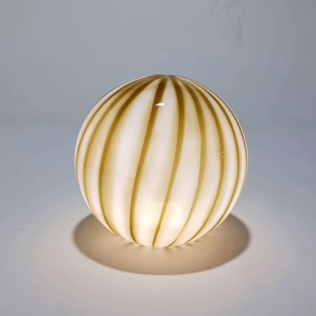 Cordless table lamp in olive-green striped opal glass, Ø 25 cm