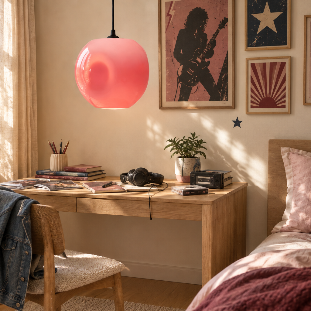 Korallenrosa Lampe in einem Jugendzimmer im Rock-Stil der 80er Jahre