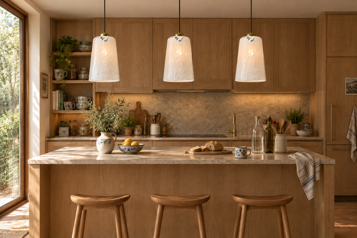 Drie opaalglazen lampen in een echte Portugese keuken